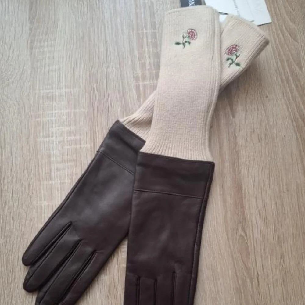 Zara NWT combined leather wool gloves with floral embroidery 1023/278